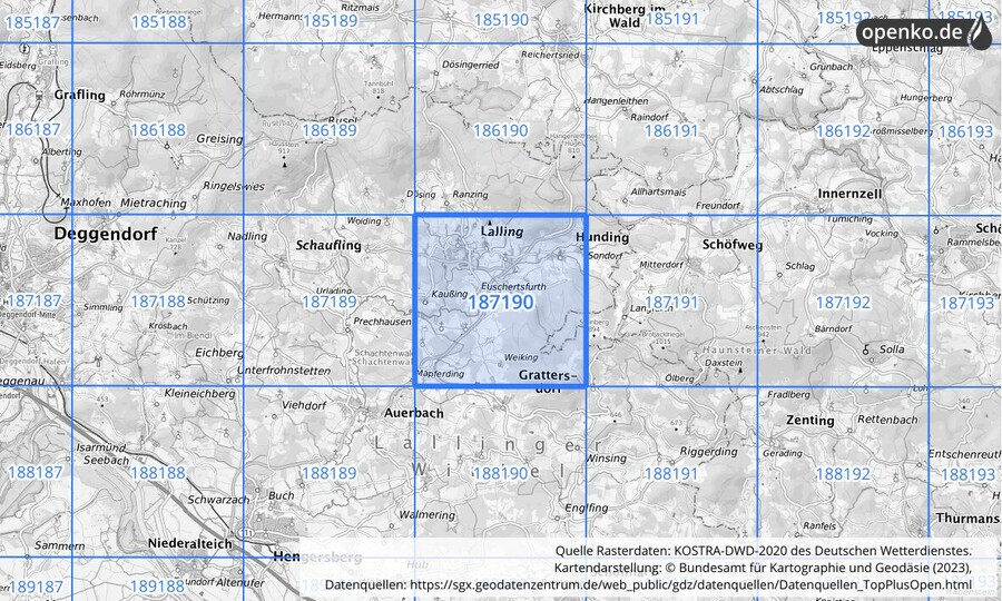 Übersichtskarte des KOSTRA-DWD-2020-Rasterfeldes Nr. 187190