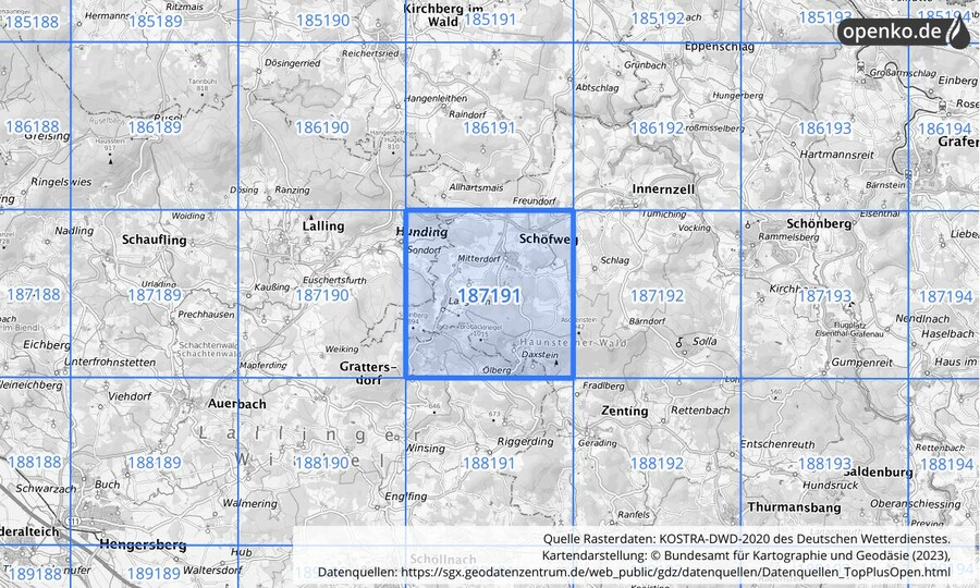 Übersichtskarte des KOSTRA-DWD-2020-Rasterfeldes Nr. 187191