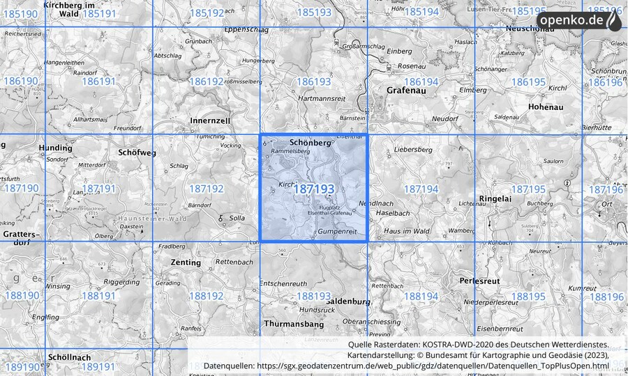 Übersichtskarte des KOSTRA-DWD-2020-Rasterfeldes Nr. 187193