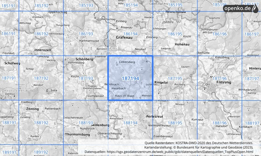 Übersichtskarte des KOSTRA-DWD-2020-Rasterfeldes Nr. 187194