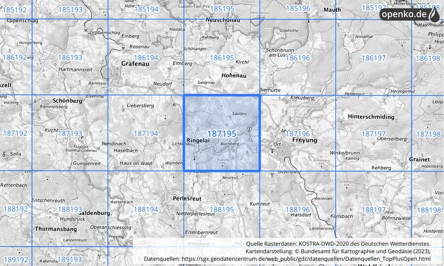 Übersichtskarte des KOSTRA-DWD-2020-Rasterfeldes Nr. 187195