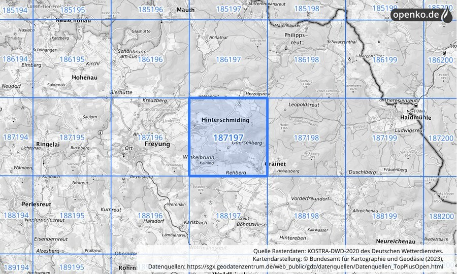 Übersichtskarte des KOSTRA-DWD-2020-Rasterfeldes Nr. 187197