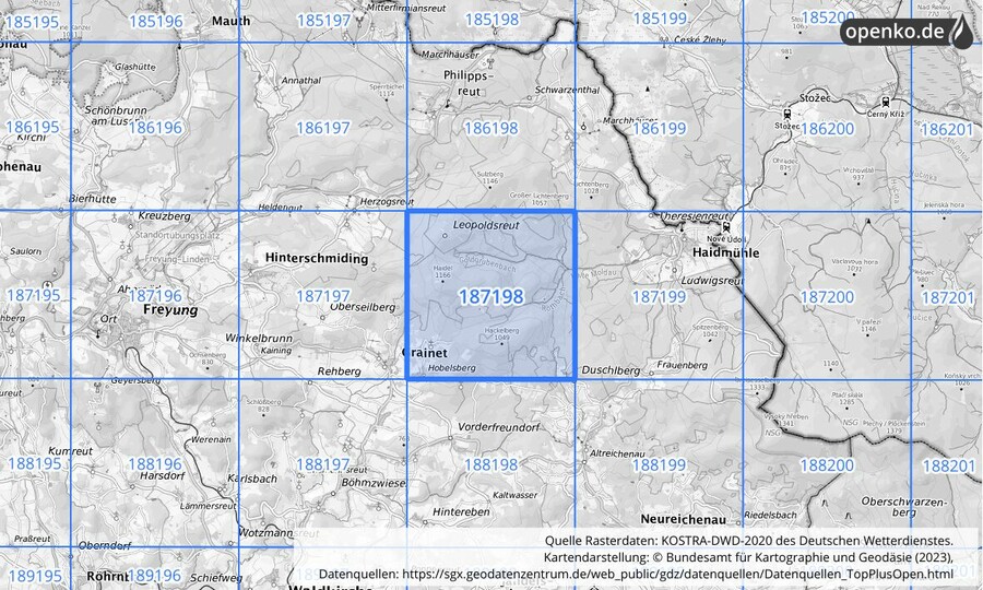 Übersichtskarte des KOSTRA-DWD-2020-Rasterfeldes Nr. 187198