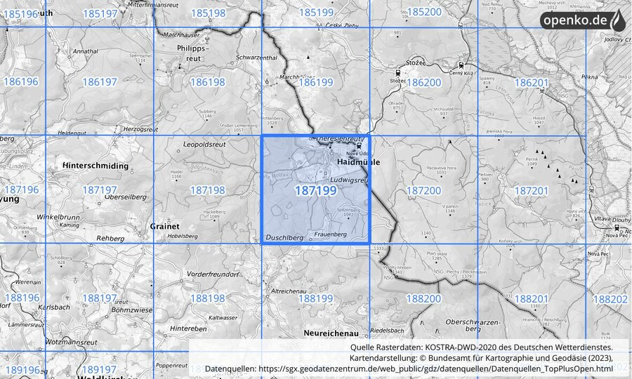 Übersichtskarte des KOSTRA-DWD-2020-Rasterfeldes Nr. 187199