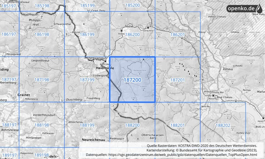 Übersichtskarte des KOSTRA-DWD-2020-Rasterfeldes Nr. 187200