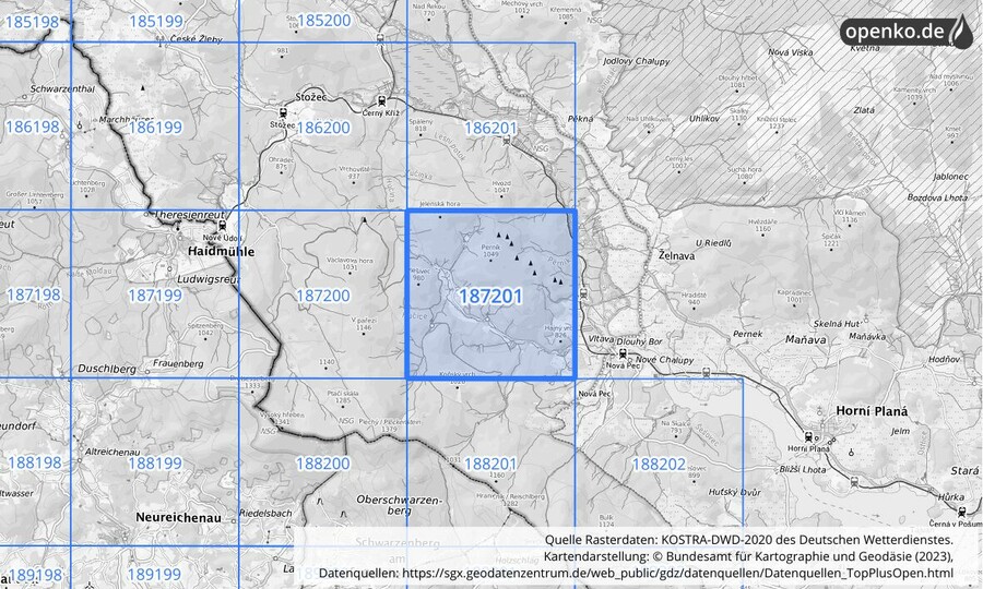 Übersichtskarte des KOSTRA-DWD-2020-Rasterfeldes Nr. 187201