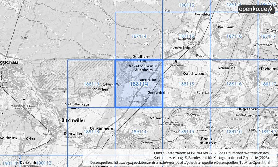 Übersichtskarte des KOSTRA-DWD-2020-Rasterfeldes Nr. 188114