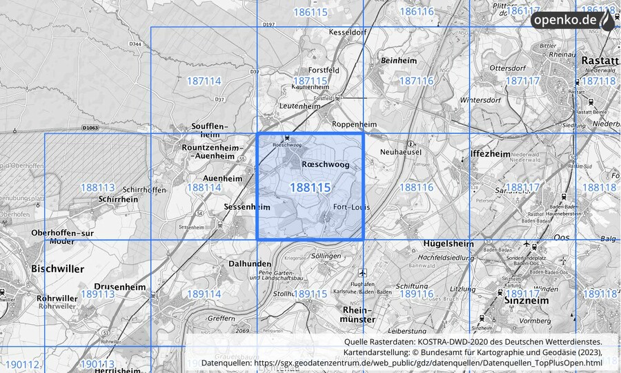 Übersichtskarte des KOSTRA-DWD-2020-Rasterfeldes Nr. 188115