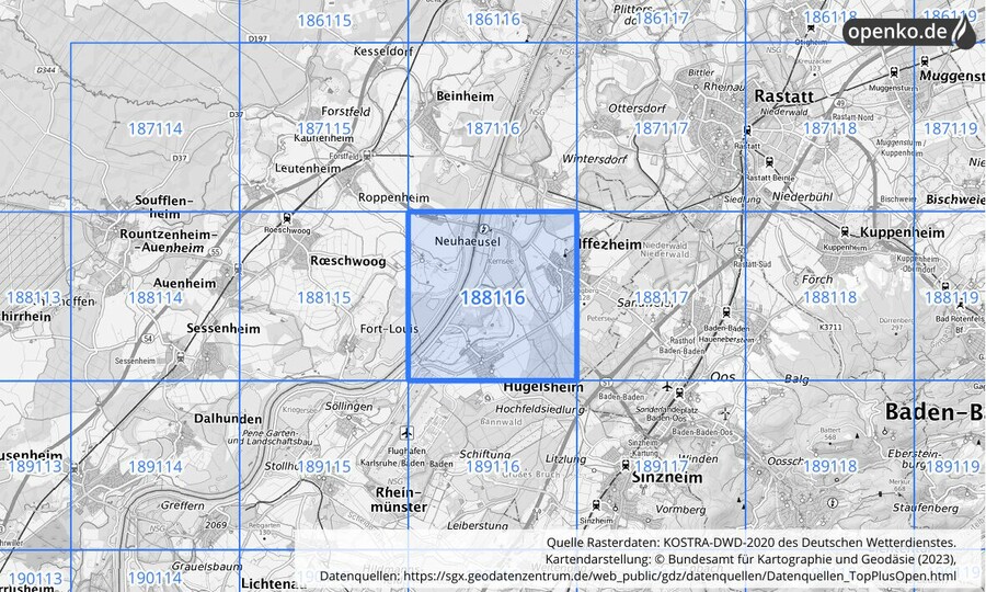 Übersichtskarte des KOSTRA-DWD-2020-Rasterfeldes Nr. 188116