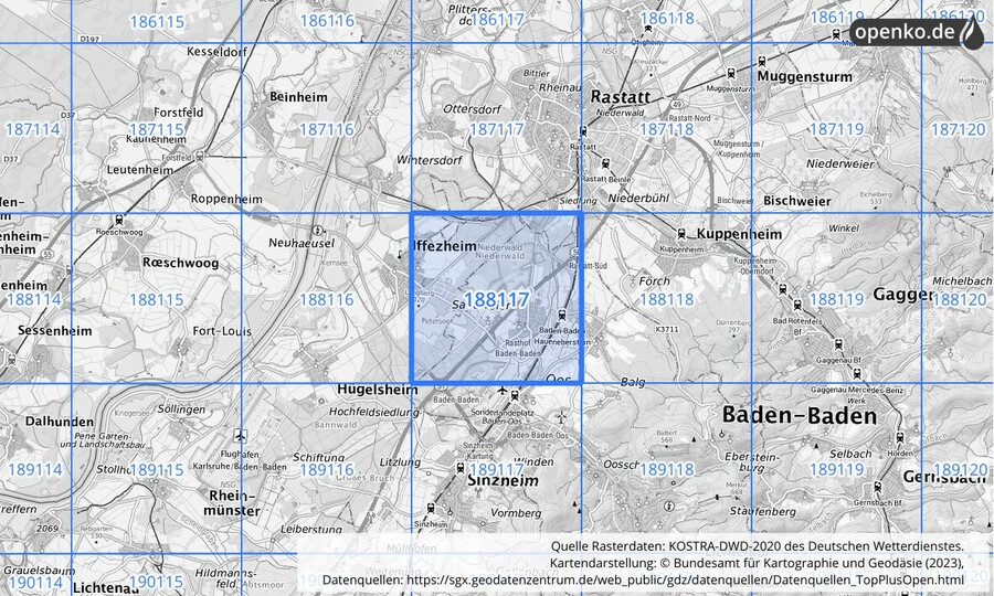 Übersichtskarte des KOSTRA-DWD-2020-Rasterfeldes Nr. 188117