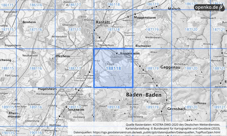 Übersichtskarte des KOSTRA-DWD-2020-Rasterfeldes Nr. 188118