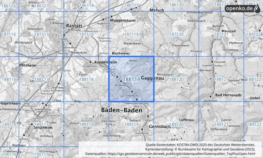 Übersichtskarte des KOSTRA-DWD-2020-Rasterfeldes Nr. 188119