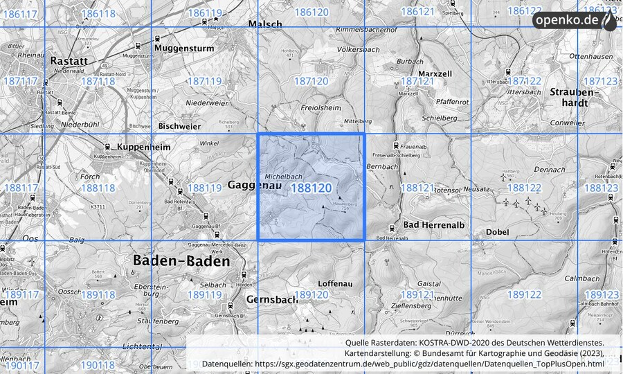 Übersichtskarte des KOSTRA-DWD-2020-Rasterfeldes Nr. 188120