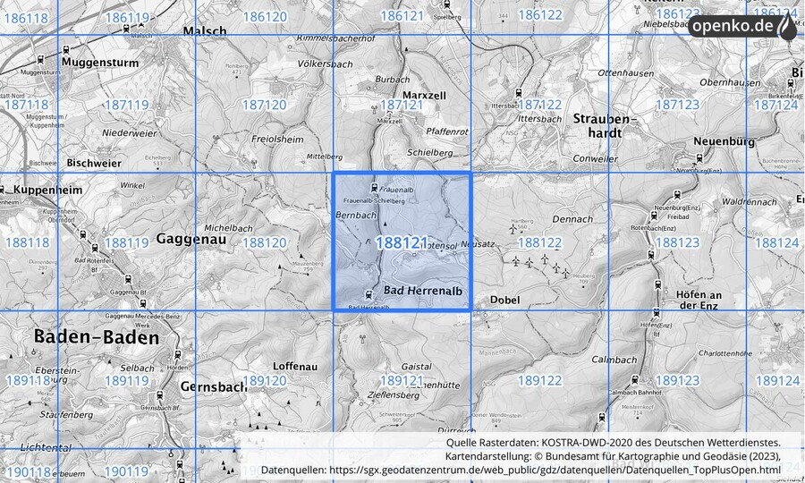 Übersichtskarte des KOSTRA-DWD-2020-Rasterfeldes Nr. 188121