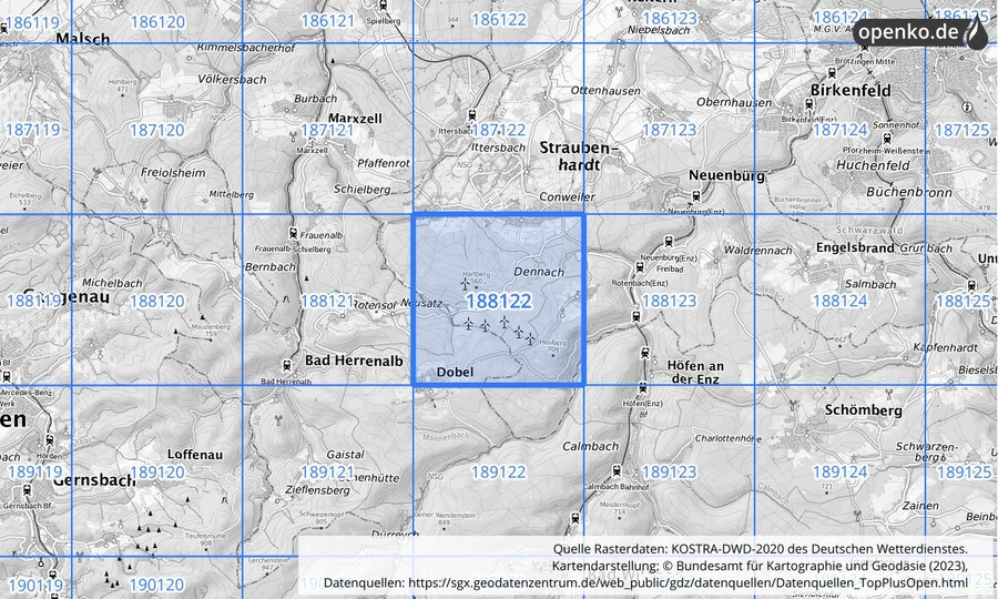 Übersichtskarte des KOSTRA-DWD-2020-Rasterfeldes Nr. 188122