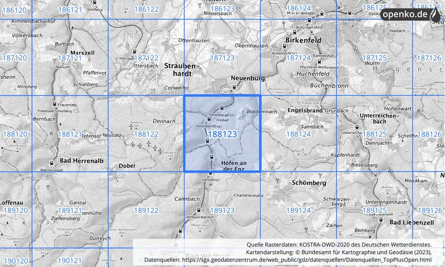 Übersichtskarte des KOSTRA-DWD-2020-Rasterfeldes Nr. 188123