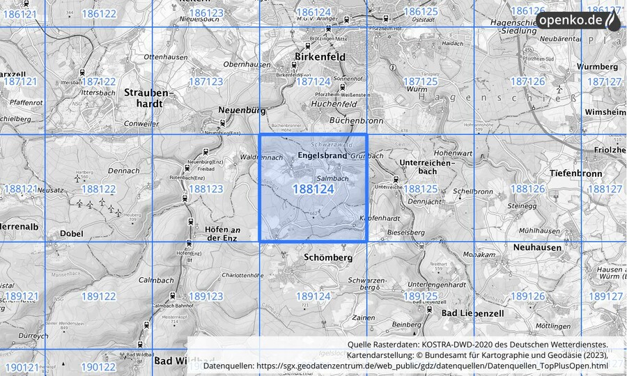 Übersichtskarte des KOSTRA-DWD-2020-Rasterfeldes Nr. 188124