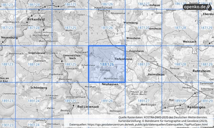 Übersichtskarte des KOSTRA-DWD-2020-Rasterfeldes Nr. 188126