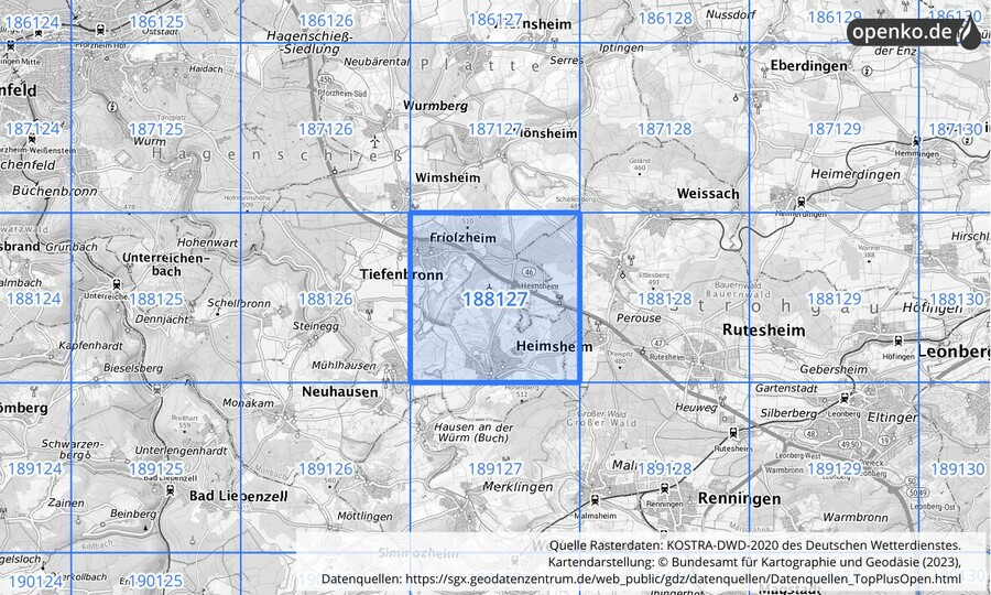 Übersichtskarte des KOSTRA-DWD-2020-Rasterfeldes Nr. 188127