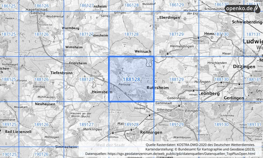 Übersichtskarte des KOSTRA-DWD-2020-Rasterfeldes Nr. 188128