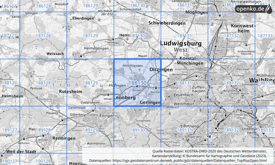 Übersichtskarte des KOSTRA-DWD-2020-Rasterfeldes Nr. 188130