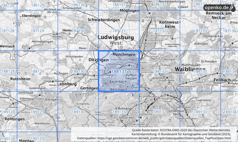 Übersichtskarte des KOSTRA-DWD-2020-Rasterfeldes Nr. 188131