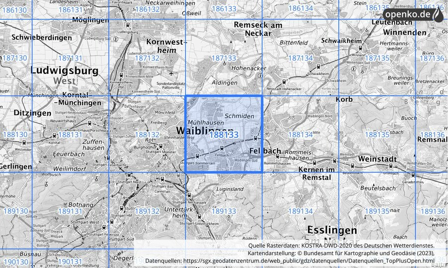 Übersichtskarte des KOSTRA-DWD-2020-Rasterfeldes Nr. 188133