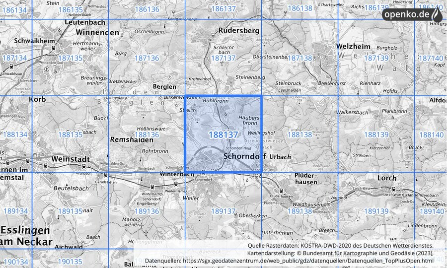 Übersichtskarte des KOSTRA-DWD-2020-Rasterfeldes Nr. 188137