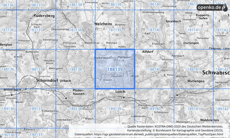 Übersichtskarte des KOSTRA-DWD-2020-Rasterfeldes Nr. 188139