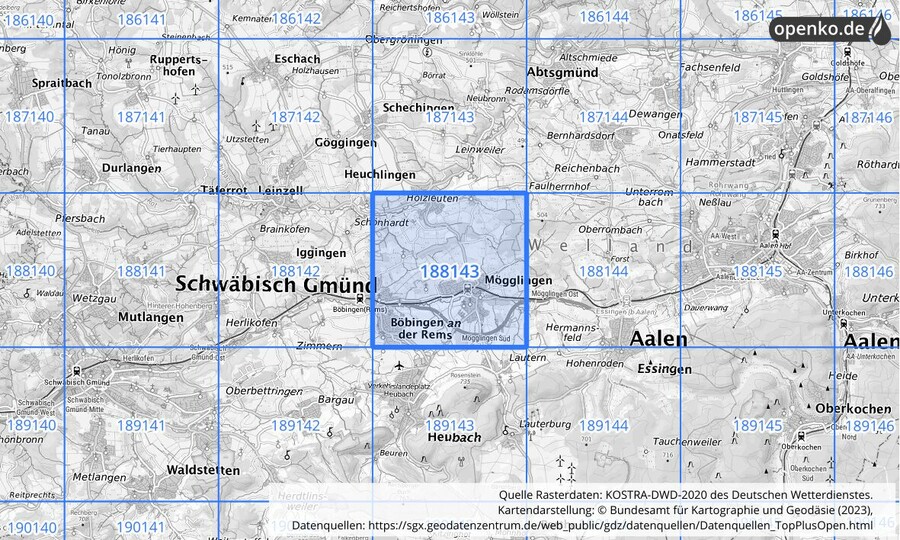 Übersichtskarte des KOSTRA-DWD-2020-Rasterfeldes Nr. 188143