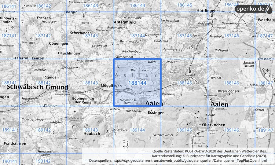 Übersichtskarte des KOSTRA-DWD-2020-Rasterfeldes Nr. 188144