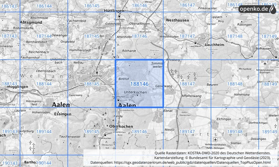 Übersichtskarte des KOSTRA-DWD-2020-Rasterfeldes Nr. 188146