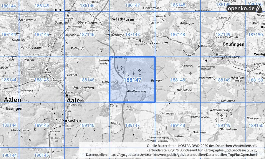Übersichtskarte des KOSTRA-DWD-2020-Rasterfeldes Nr. 188147