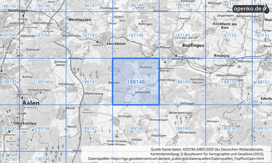 Übersichtskarte des KOSTRA-DWD-2020-Rasterfeldes Nr. 188148