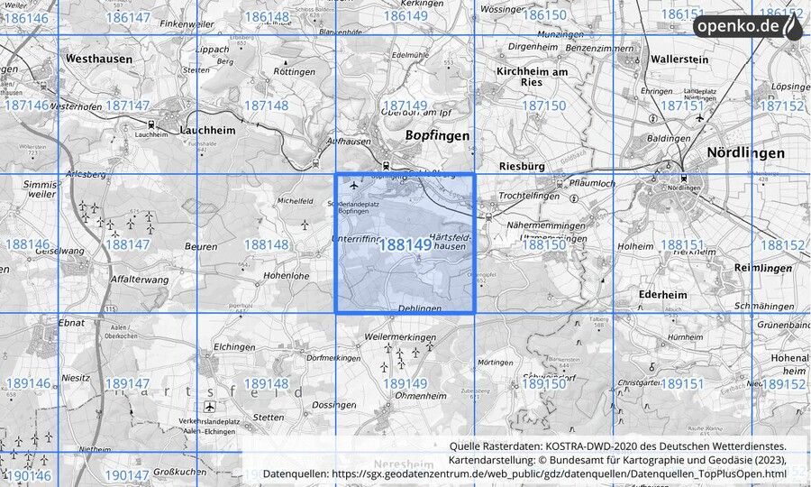 Übersichtskarte des KOSTRA-DWD-2020-Rasterfeldes Nr. 188149