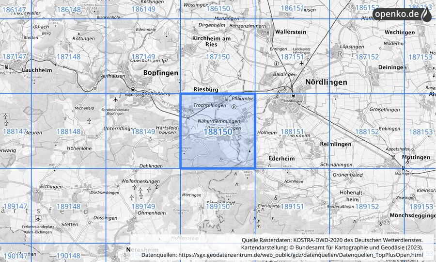 Übersichtskarte des KOSTRA-DWD-2020-Rasterfeldes Nr. 188150