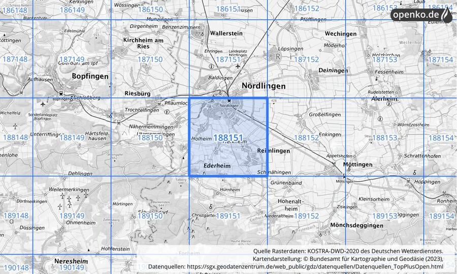 Übersichtskarte des KOSTRA-DWD-2020-Rasterfeldes Nr. 188151