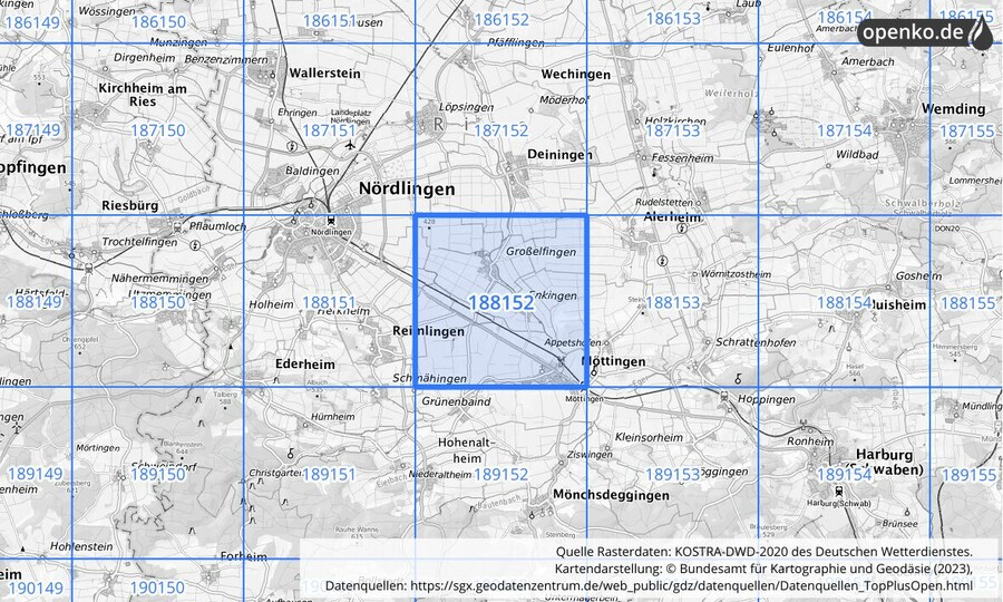 Übersichtskarte des KOSTRA-DWD-2020-Rasterfeldes Nr. 188152