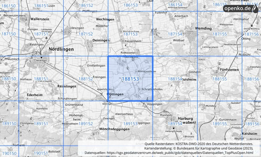 Übersichtskarte des KOSTRA-DWD-2020-Rasterfeldes Nr. 188153