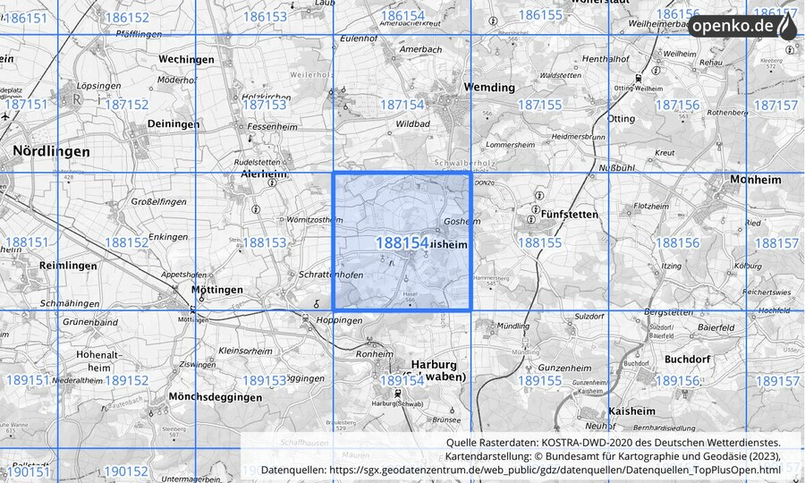 Übersichtskarte des KOSTRA-DWD-2020-Rasterfeldes Nr. 188154