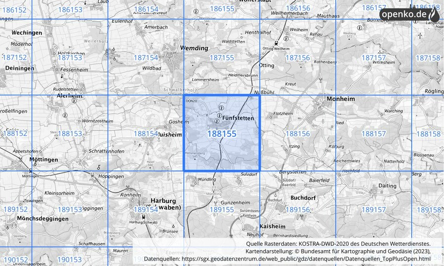 Übersichtskarte des KOSTRA-DWD-2020-Rasterfeldes Nr. 188155