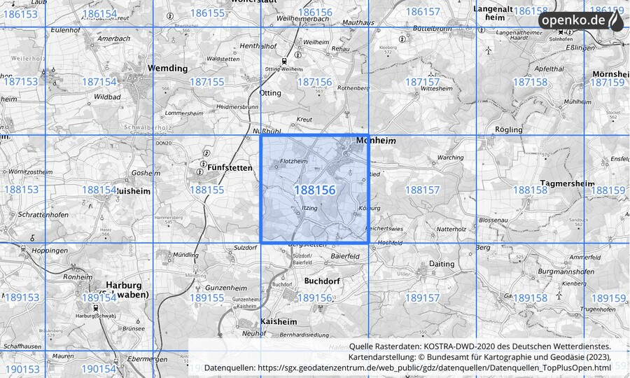 Übersichtskarte des KOSTRA-DWD-2020-Rasterfeldes Nr. 188156
