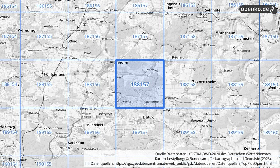 Übersichtskarte des KOSTRA-DWD-2020-Rasterfeldes Nr. 188157