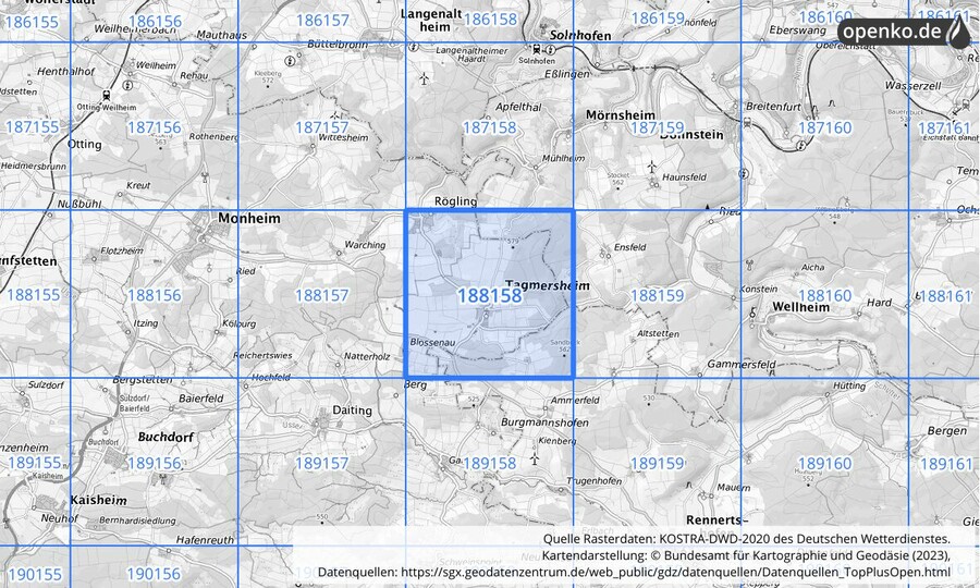 Übersichtskarte des KOSTRA-DWD-2020-Rasterfeldes Nr. 188158