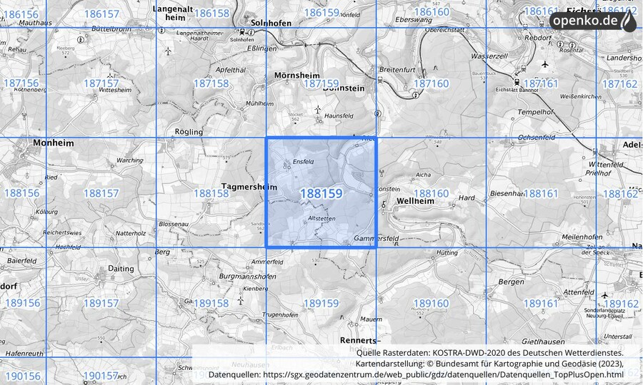 Übersichtskarte des KOSTRA-DWD-2020-Rasterfeldes Nr. 188159