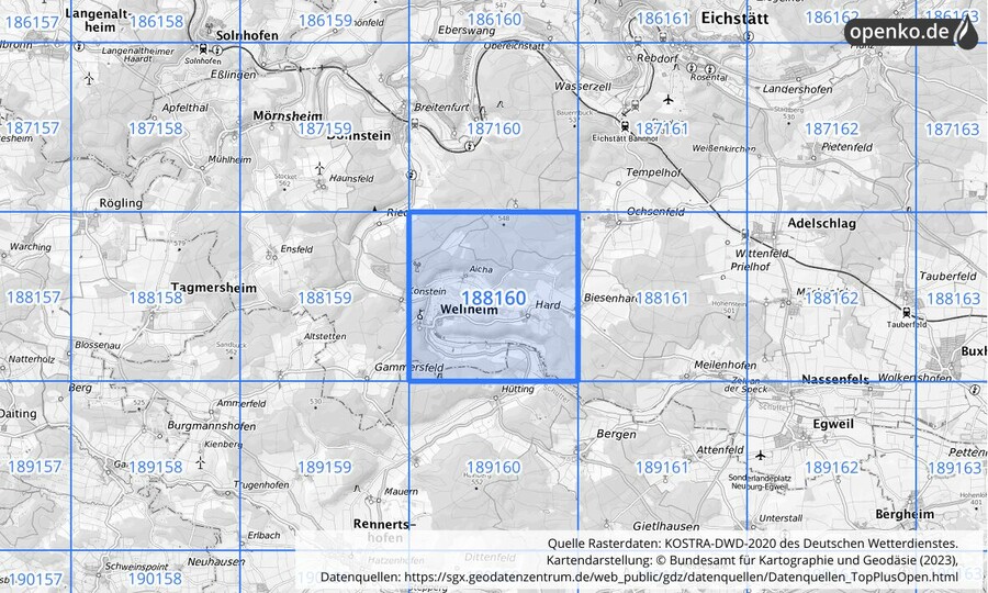 Übersichtskarte des KOSTRA-DWD-2020-Rasterfeldes Nr. 188160