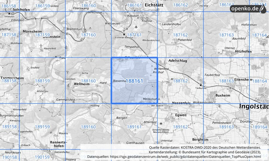 Übersichtskarte des KOSTRA-DWD-2020-Rasterfeldes Nr. 188161