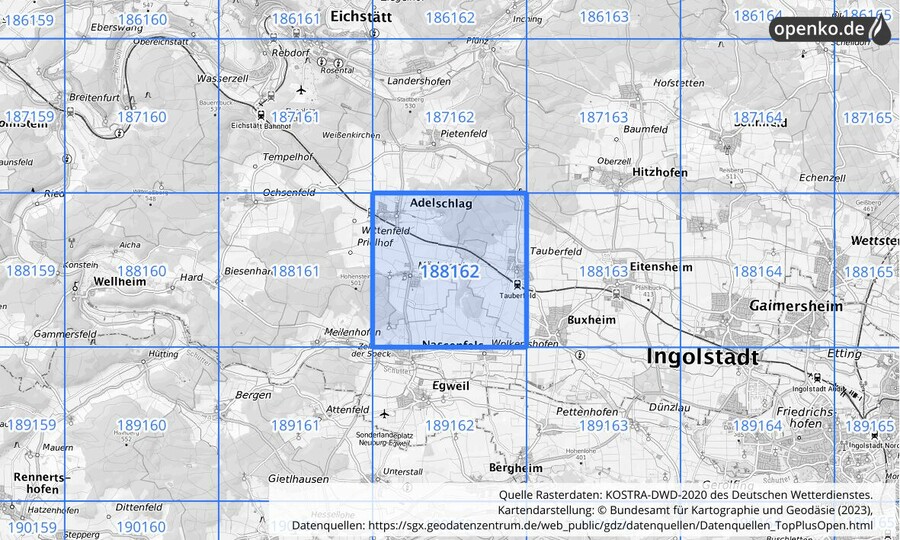 Übersichtskarte des KOSTRA-DWD-2020-Rasterfeldes Nr. 188162