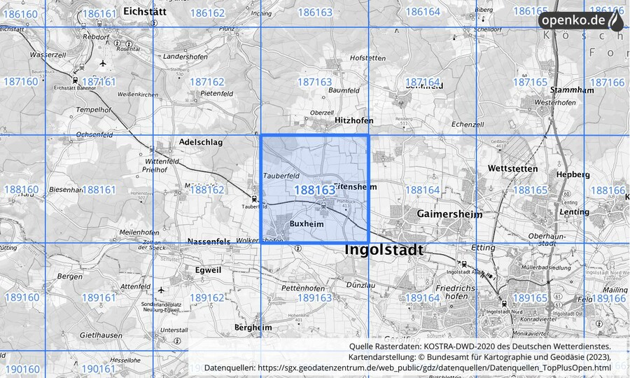 Übersichtskarte des KOSTRA-DWD-2020-Rasterfeldes Nr. 188163