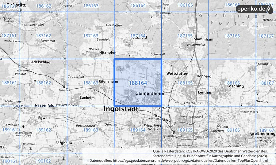 Übersichtskarte des KOSTRA-DWD-2020-Rasterfeldes Nr. 188164